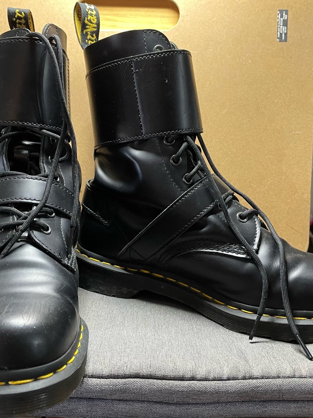 Dr. Martens Black Leather Lace-Up Combat Boots with Yellow Stitching